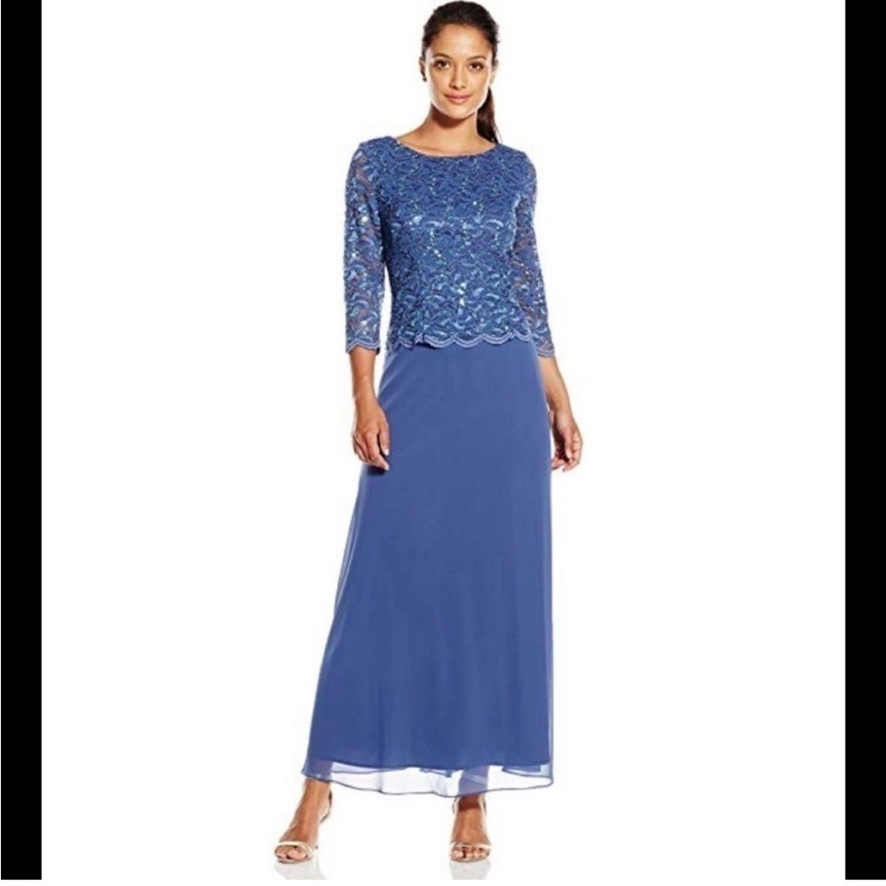 Alex Evening formal dress. 3/4 Sleeve Lace Chiffon.